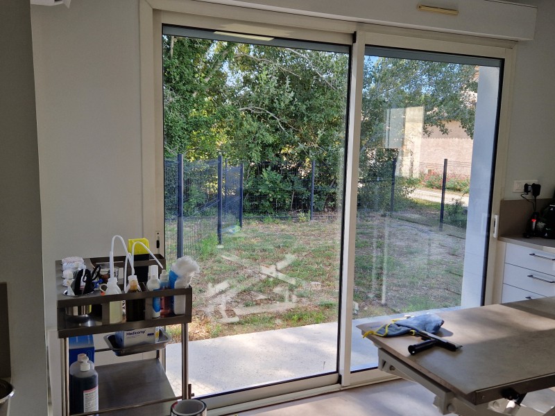 Pose de film sans teint sur les fenêtres et baies vitrées de la clinique vétérinaire Vet Aramon dans le Gard